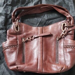 b. makowsky Brown Leather Shoulder Bag with Braided Side Accents